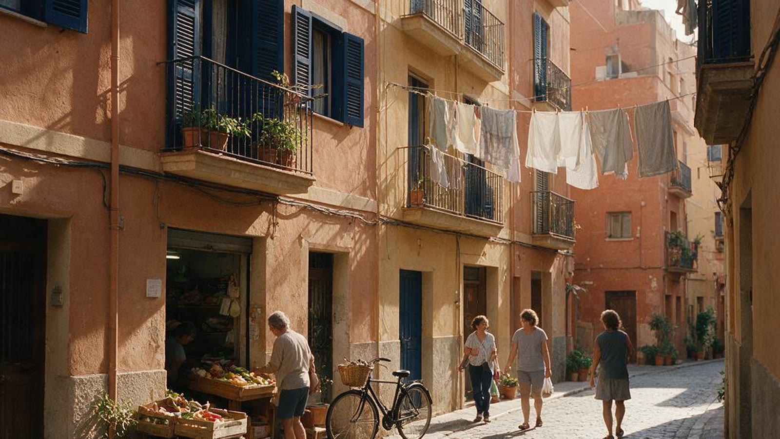 Calle residencial de una ciudad mediterránea española con balcones y una tienda de barrio