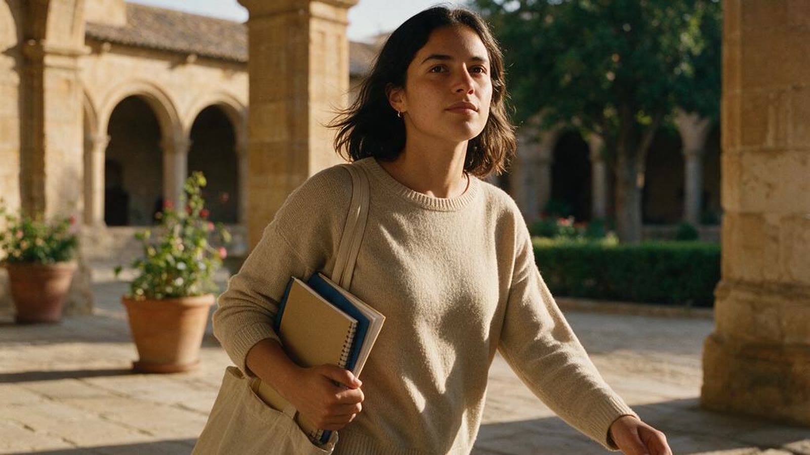 Estudiante colombiana en el patio de una universidad española