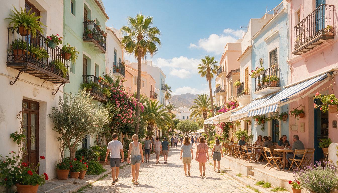 Rua ensolarada de um bairro mediterrâneo na Espanha, com gente passeando — guia para morar na Espanha