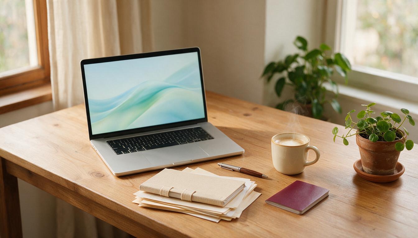 Mesa com laptop, pasta de documentos, passaporte e café — os trâmites para morar na Espanha