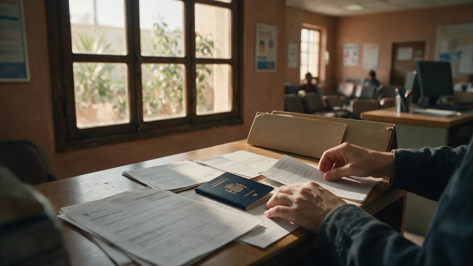 Documentos e passaporte sobre uma mesa numa oficina de extranjería em Espanha — trâmites ao chegar